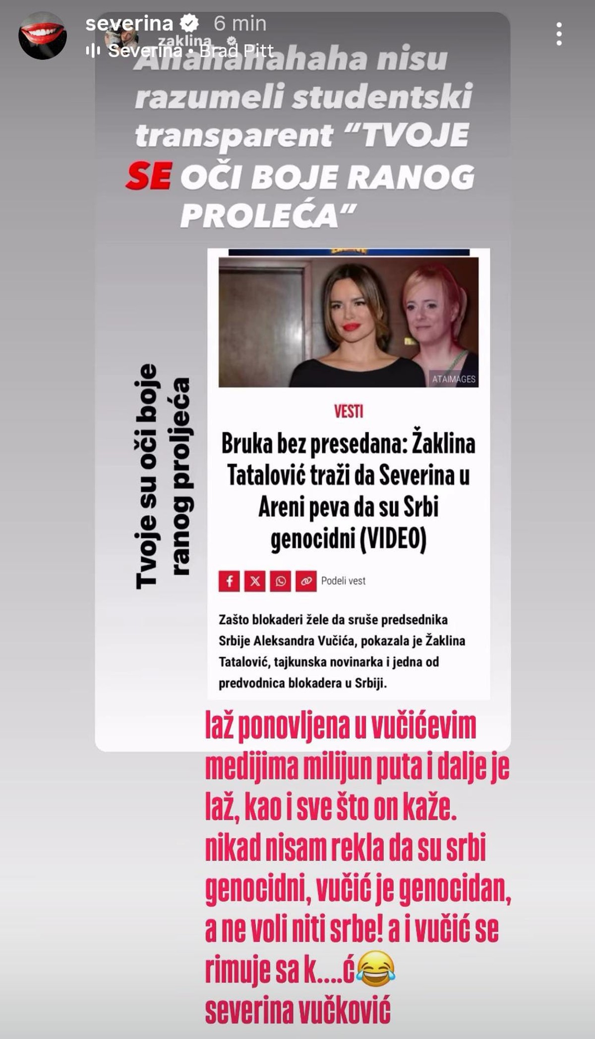 SEVERINA: Vučić ne voli Srbe, a i Vučić se rimuje s k....ć