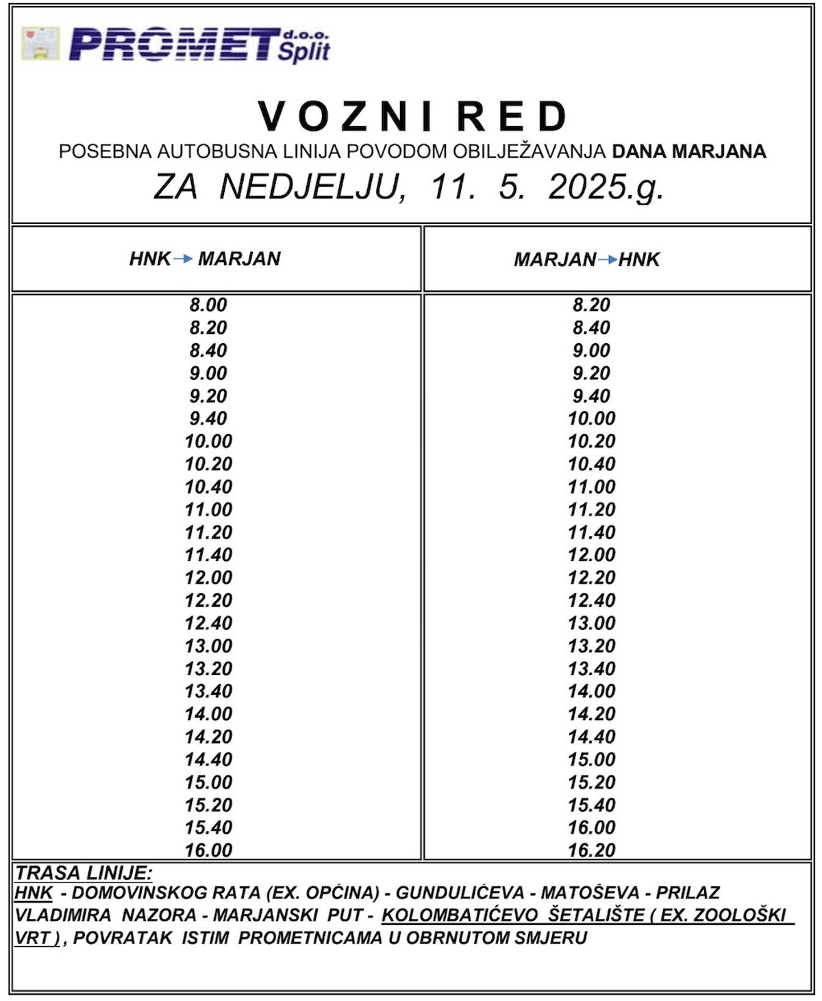 Besplatna Prometova linija za Dan Marjana, provjerite red vožnje