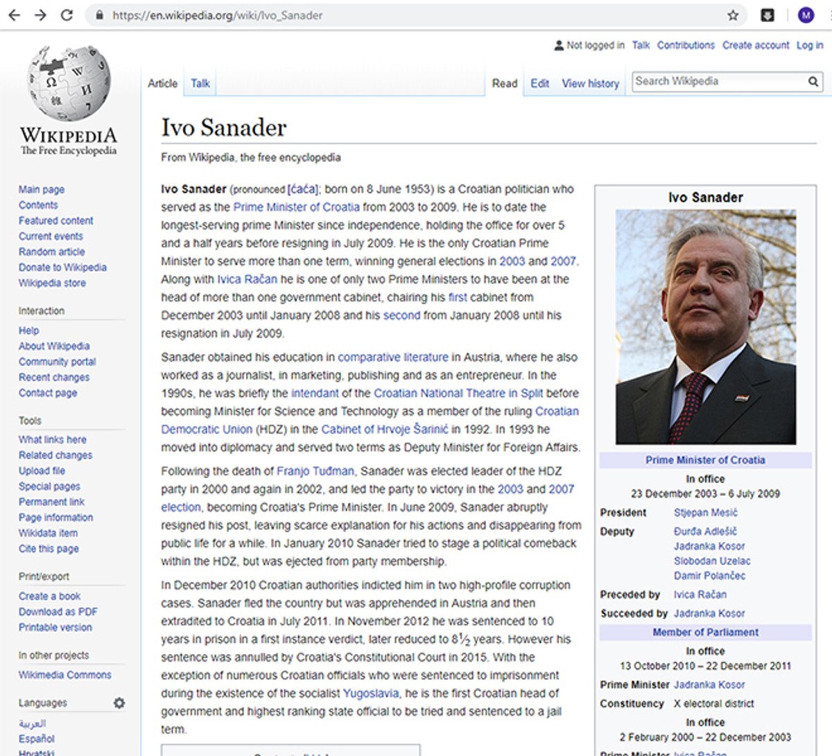 GLOBALNI ĆAĆA: Pogledajte što o Sanaderu piše na Wikipediji na engleskom jeziku