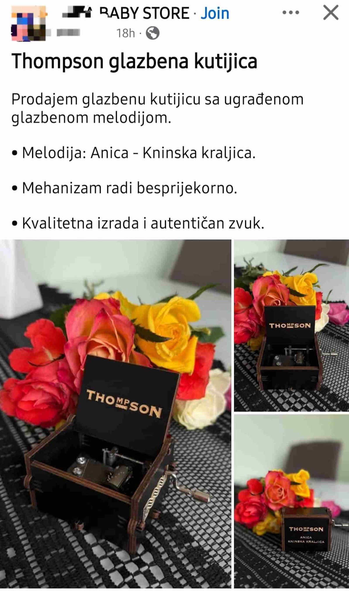 ‘ZAPALIT ĆU...’ Među oglasima osvanula glazbena kutijica za bebe. Svira Thompsonovu ‘Anicu’