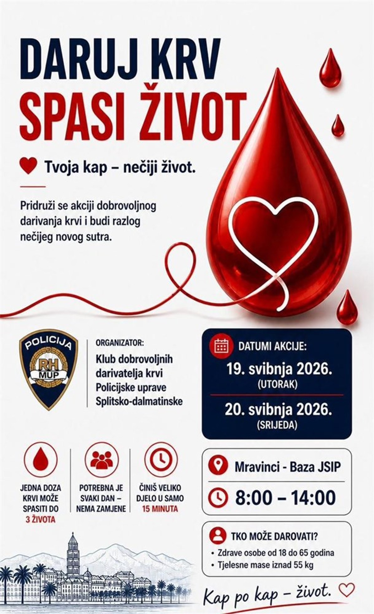 Policija organizira akciju darivanja krvi: 'Jednom dozom možete spasiti tri života'