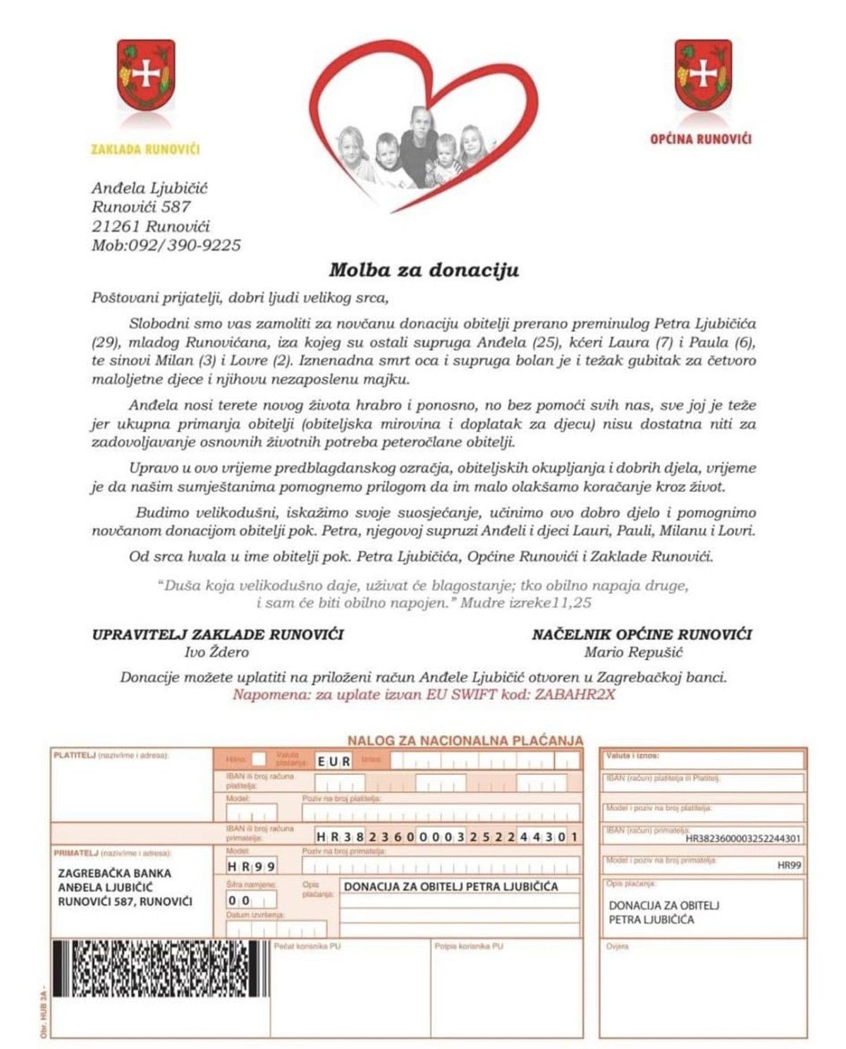 Prikupljaju se donacije za obitelj prerano preminulog Petra iz Runovića; nezaposlena žena skrbi o četvero djece