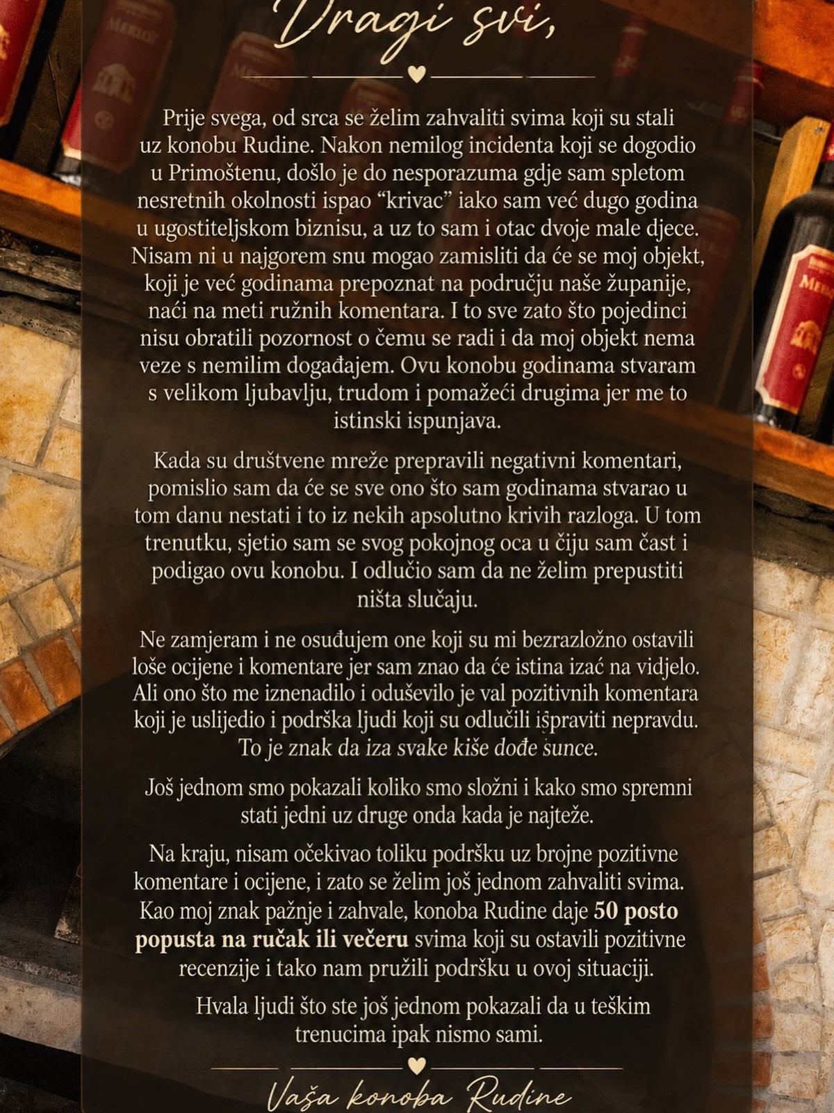 Kaštelanska konoba Rudine greškom je bila meta bijesnih komentara, a onda se dogodilo nešto što je oduševilo vlasnika