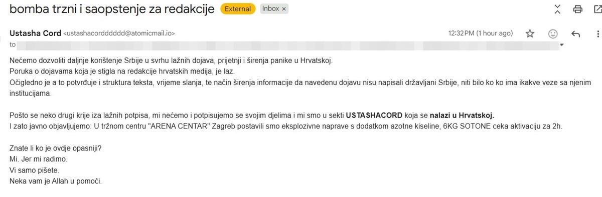 Prijeteće poruke o postavljanju bombi: 'Idemo do kraja'