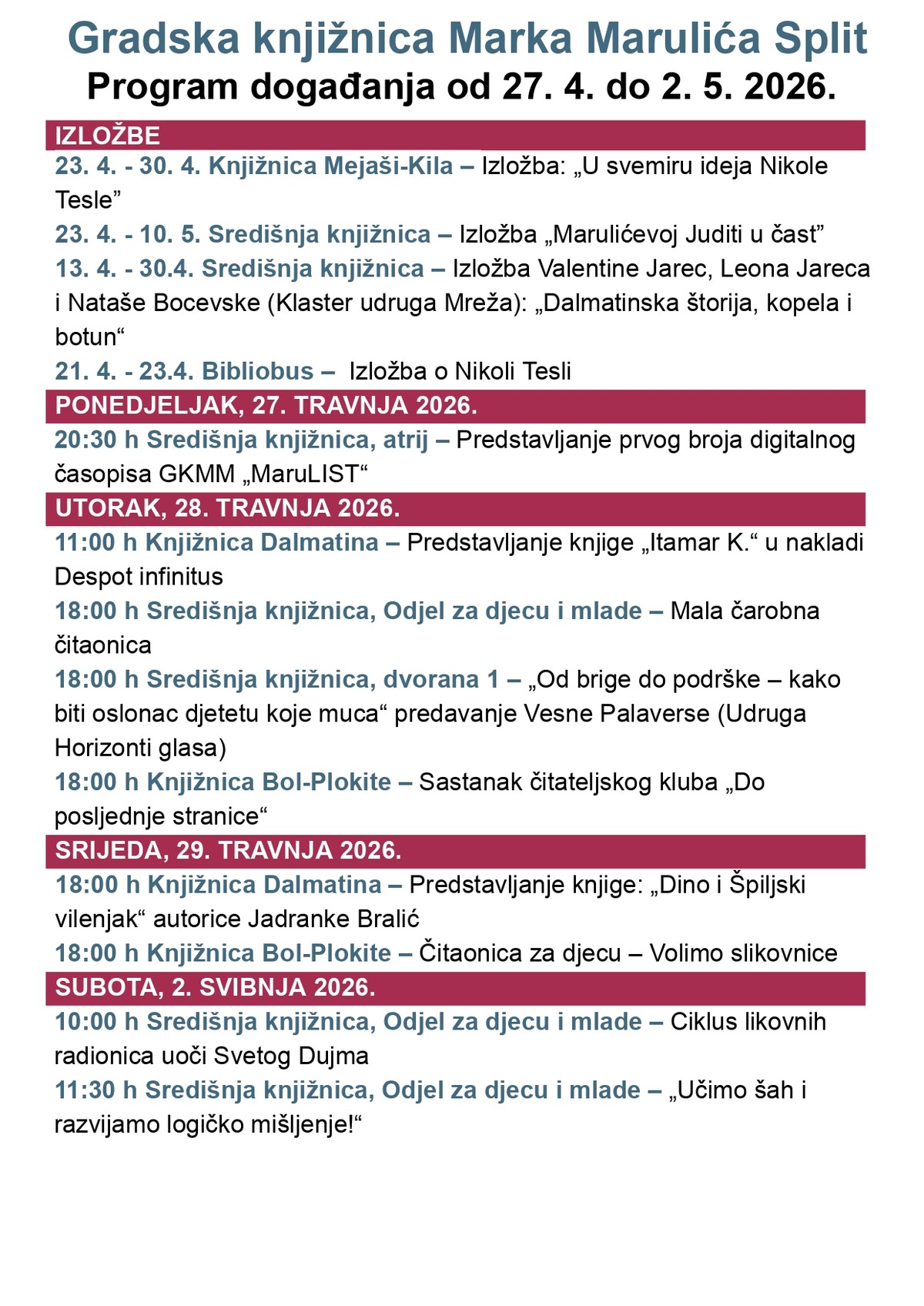 Gradska knjižnica Marka Marulića Split najavila tjedan pun događanja