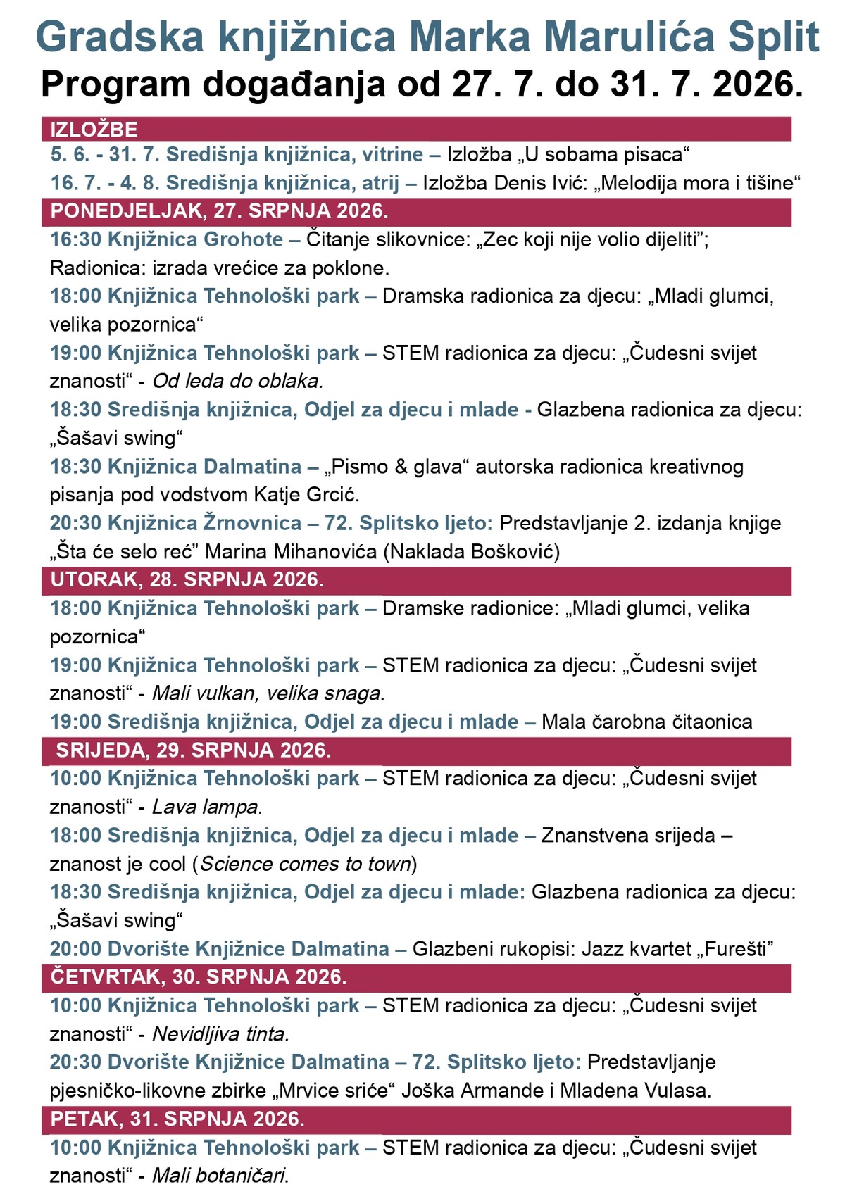 Evo što je Gradska knjižnica Marka Marulića pripremila za sljedeći tjedan