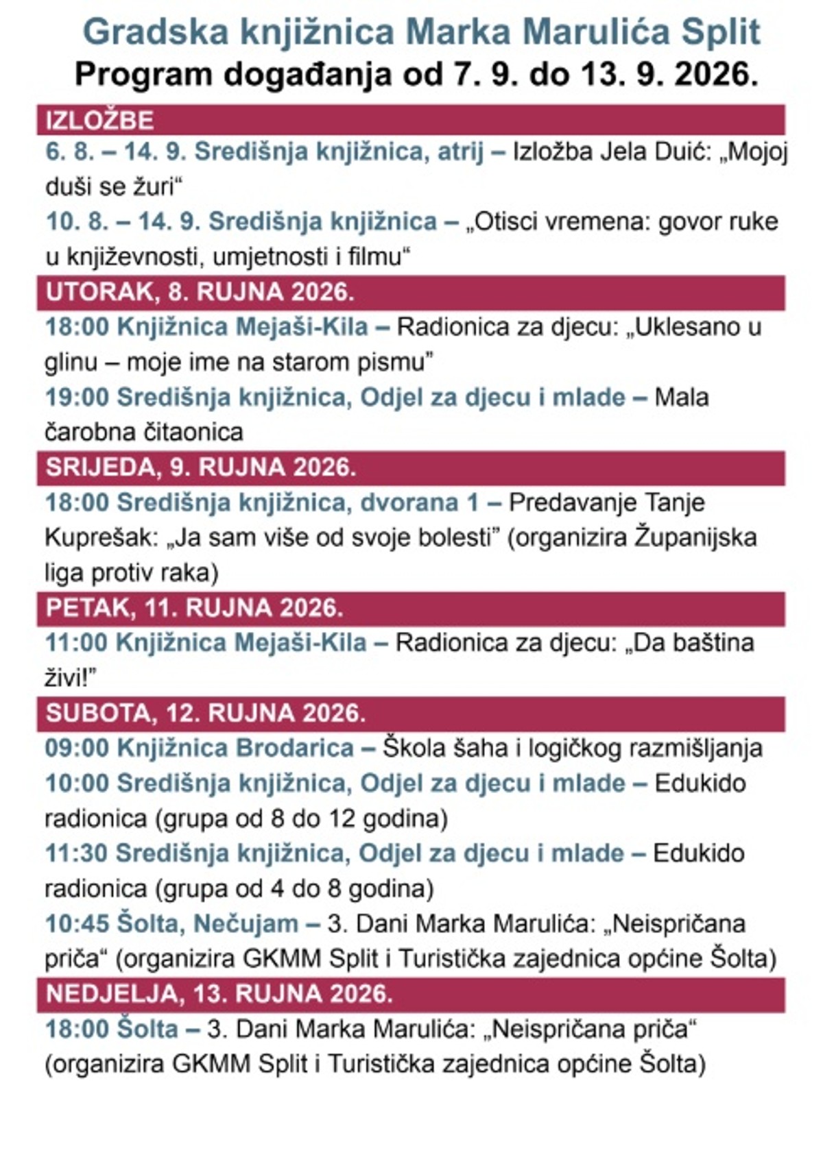 GK Marka Marulića objavila tjedni program