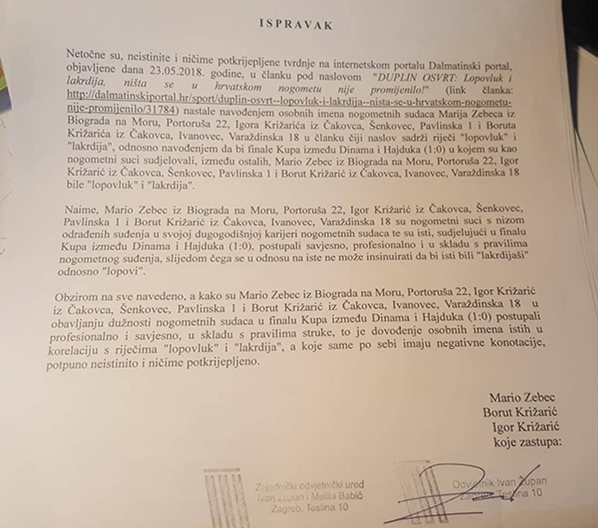 Reagiranje sudaca Marija Zebeca, Igora Križarića i Boruta Križarića na članak 'Duplin osvrt: Lopovluk i lakrdija, ništa se u hrvatskom nogometu nije promijenilo'