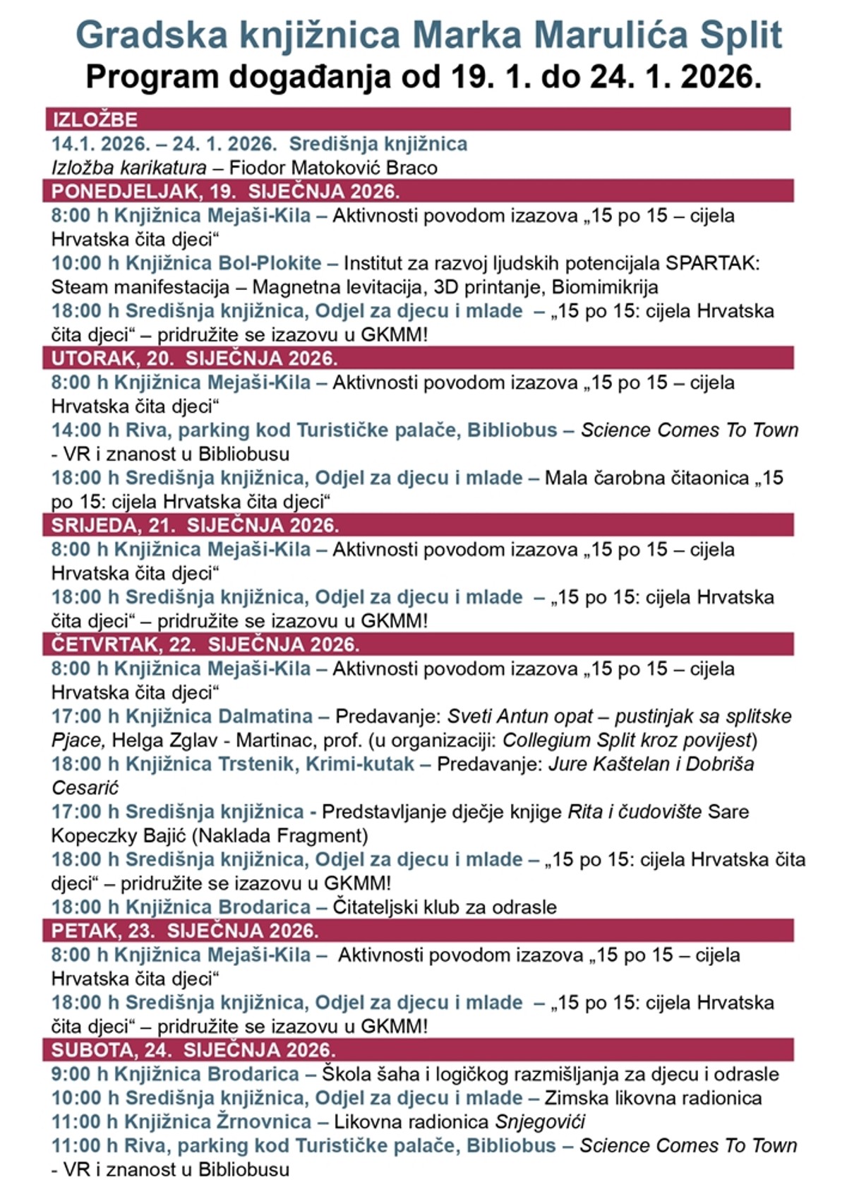 Gradska knjižnica Marka Marulića priprema bogat program za sljedeći tjedan