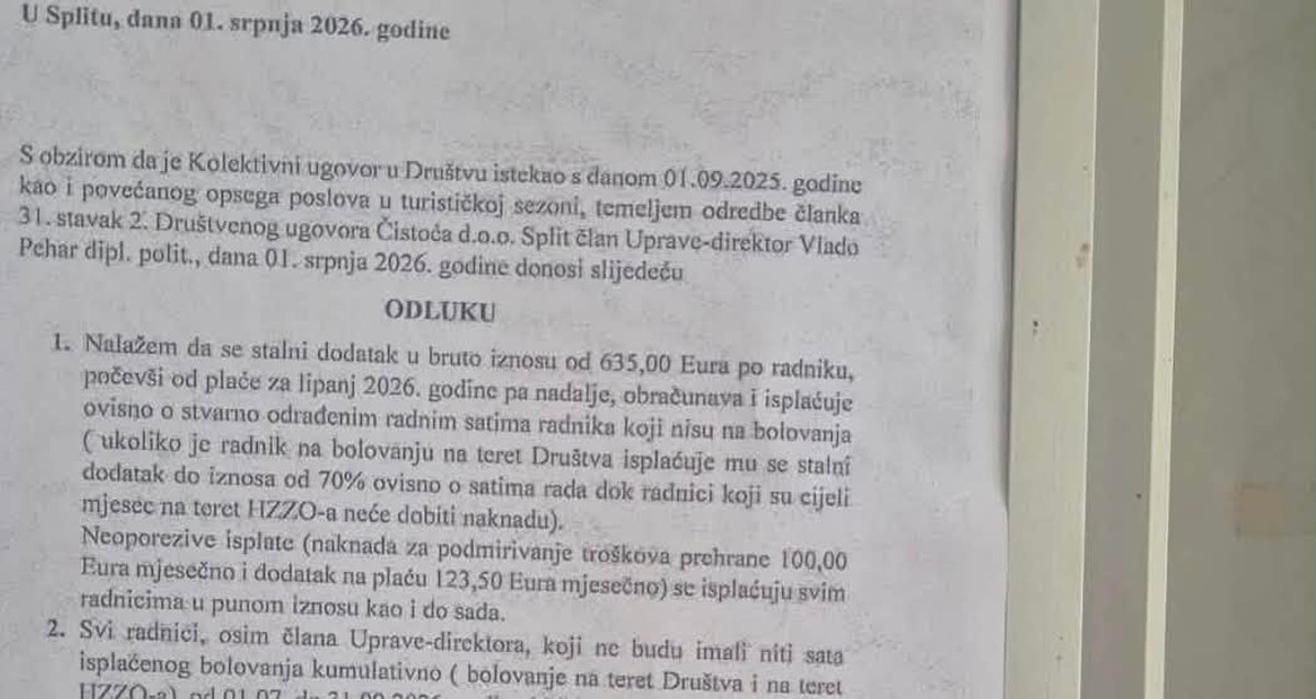 ŠOK U ČISTOĆI Direktor ukinuo sigurnih 635 eura dodatka tijekom bolovanja, uveo i nagrade radnicima