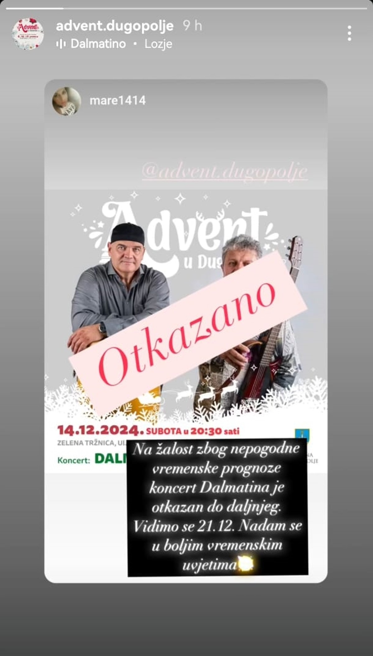 ADVENT U DUGOPOLJU Otkazan koncert Dalmatina