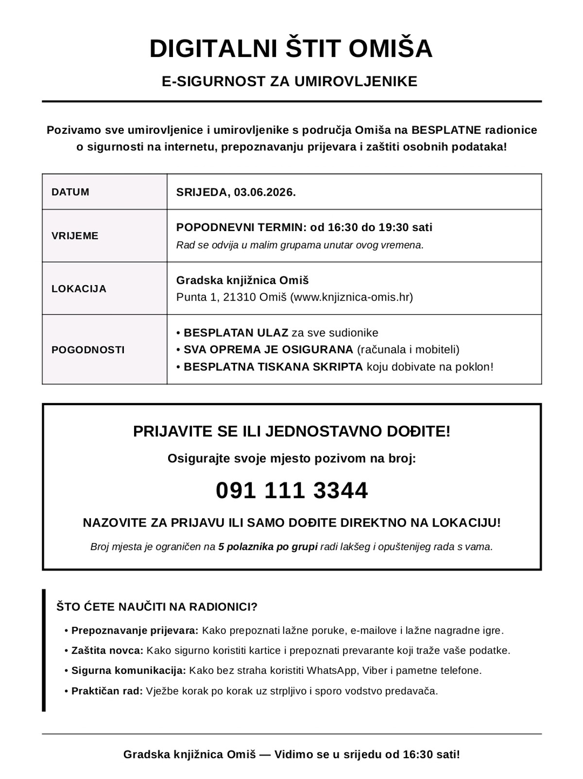 Besplatne radionice e-sigurnosti za umirovljenike u Omišu