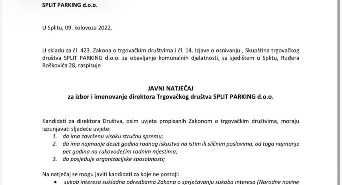 S vozačkom dozvolom ili bez? Šutin natječaj gotovo identičan Puljkovu, direktor Split parkinga ne treba znati voziti