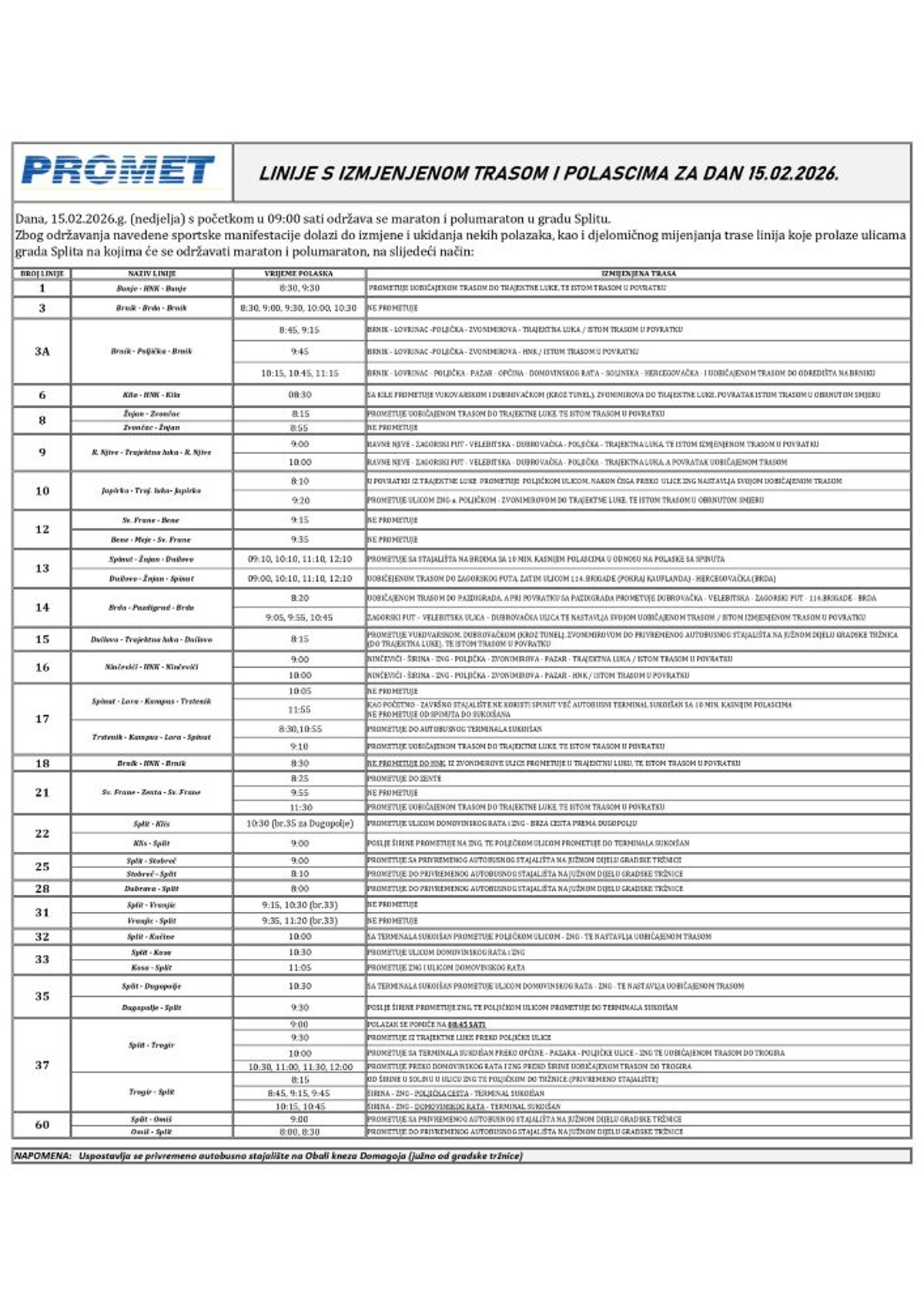 Privremena izmjena voznog reda autobusa u Splitu!