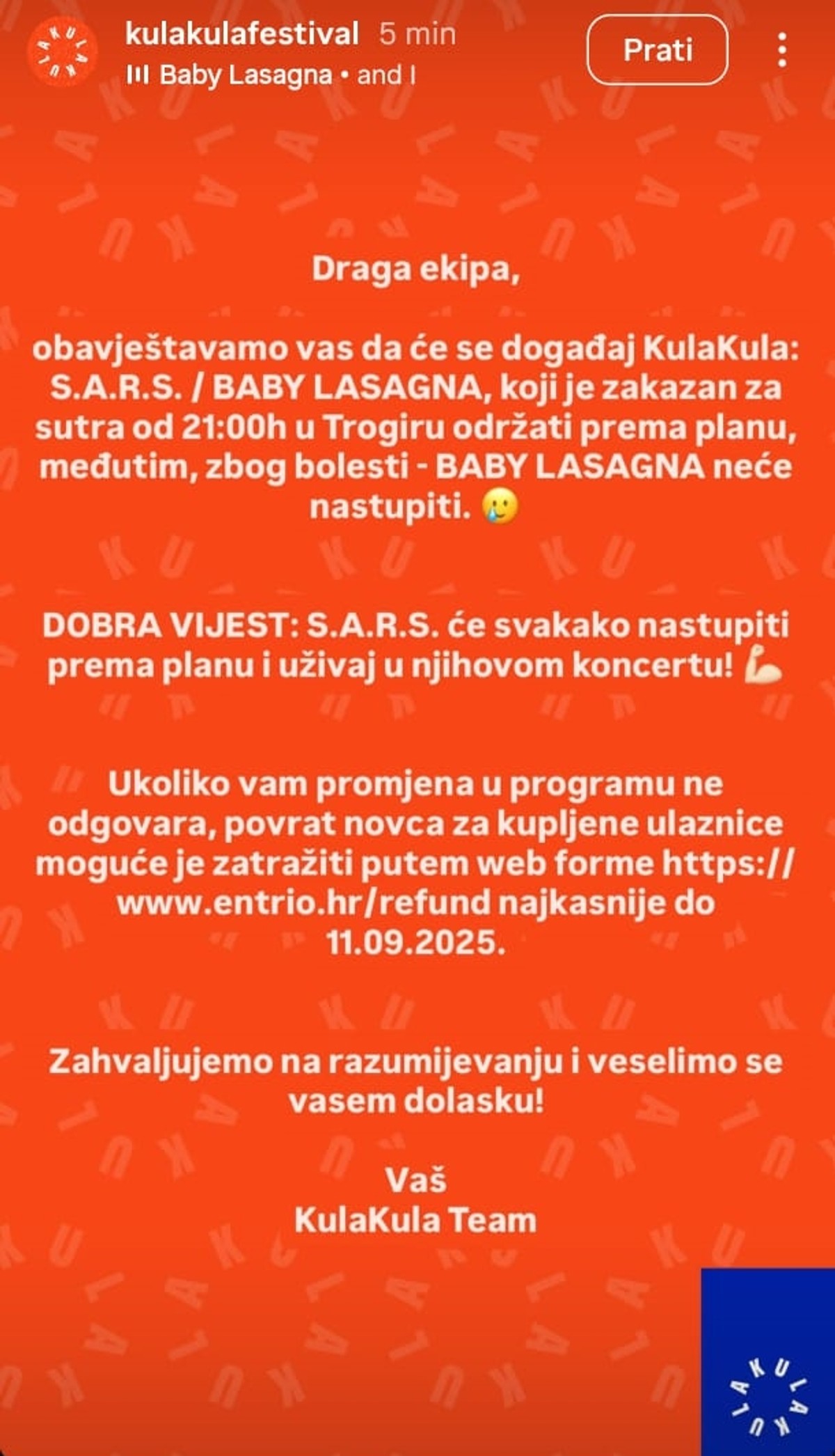 KULAKULA FESTIVAL Baby Lasagna ipak sutra ne dolazi u Trogir, publiku će zabavljati S.A.R.S.