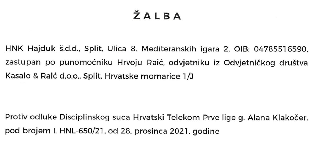 HAJDUK POSLAO ŽALBU: Provjerite što se u njoj navodi... 
