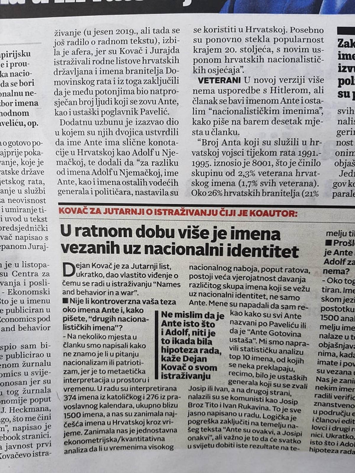 Kovač povezuje učestalost imena Ante s ustaškim režimom u Hrvatskoj; Protuđer: To je glupost, kao povezivati sv. Josipa s Josipom zločincem