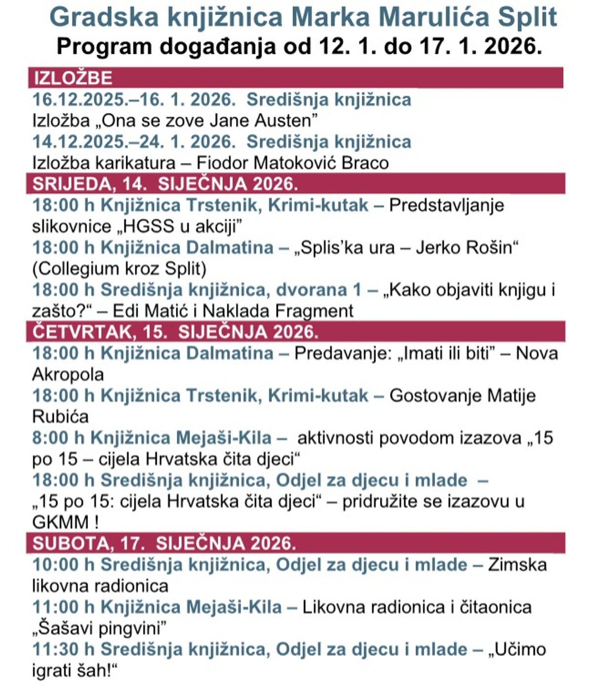 Donosimo tjedni program događanja Gradske knjižnice Marka Marulića