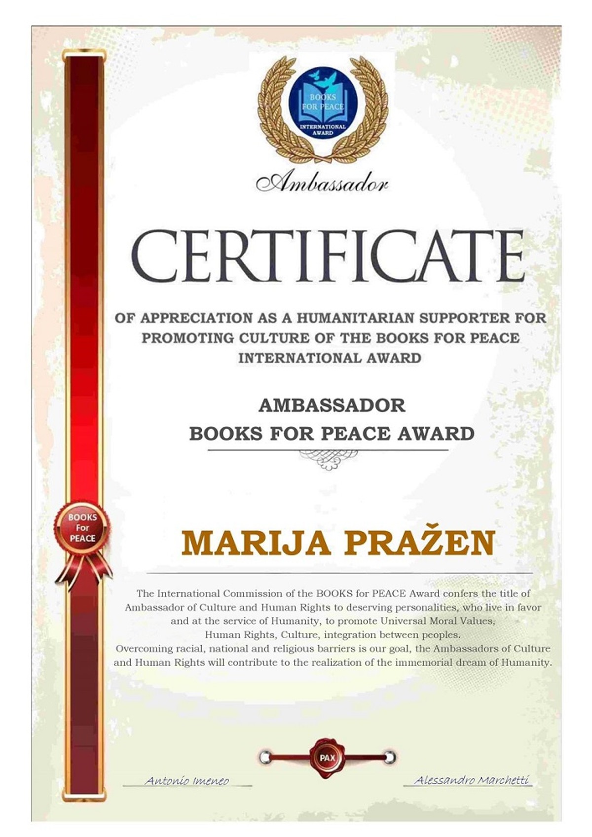 PRVA U HRVATSKOJ Marija Pražen dobitnica je nagrade 'Ambasadori dobre volje'