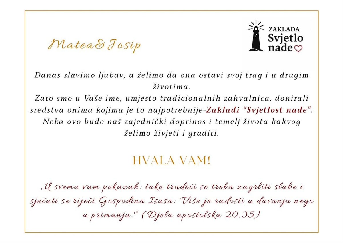 NESVAKIDAŠNJA GESTA Matea i Josip svoje vjenčanje pretvorili u čin dobrote