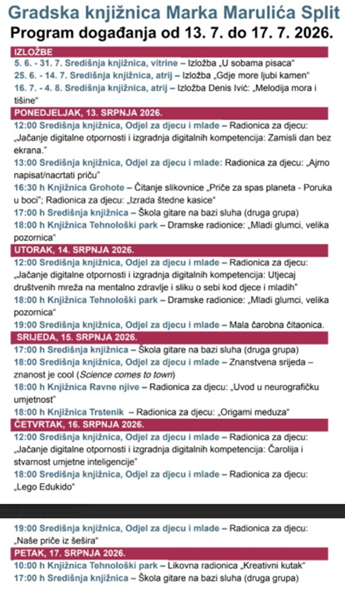 Splitska Gradska knjižnica Marka Marulića pripremila bogat program za naredni tjedan