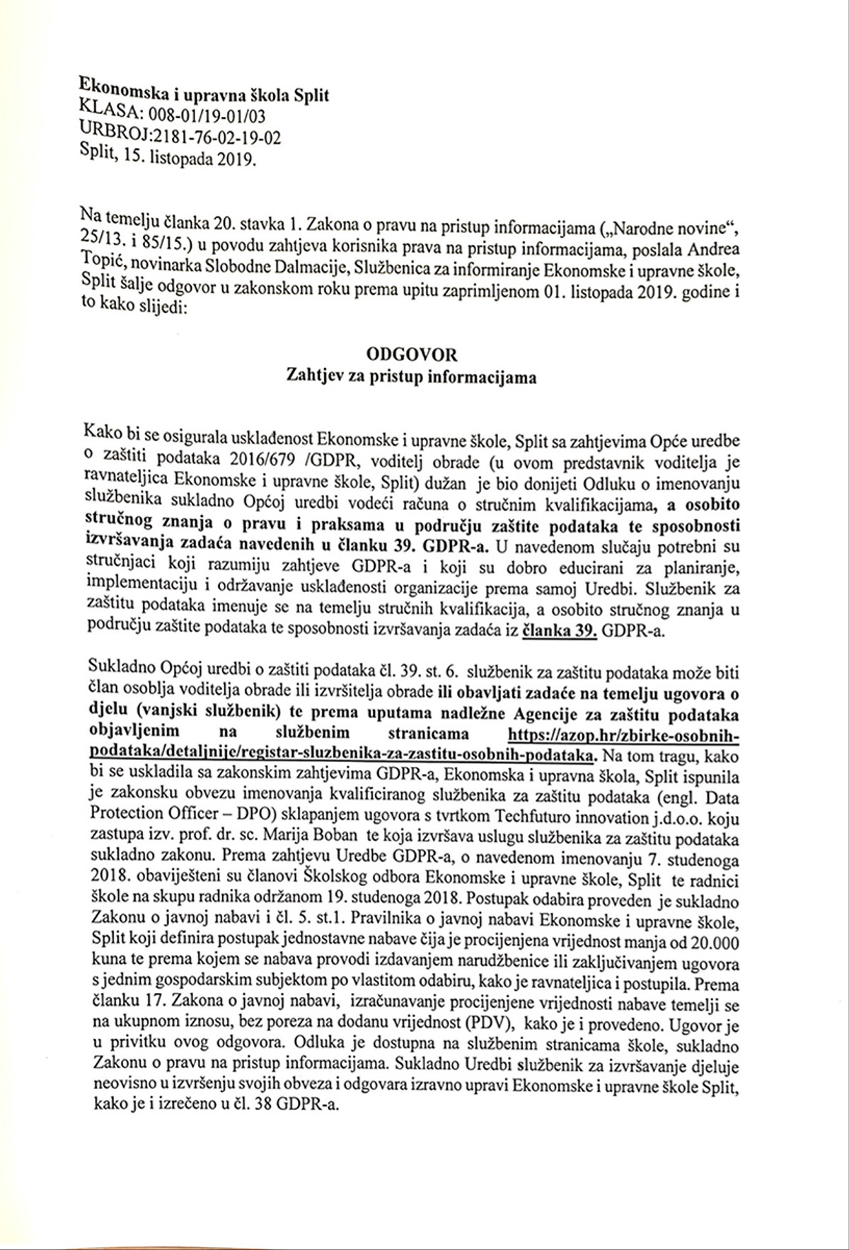 Odgovor Ekonomske i upravne škole Split