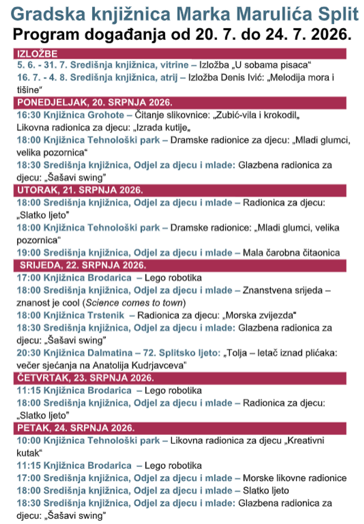 Zanimljiv tjedni program GK Marka Marulića