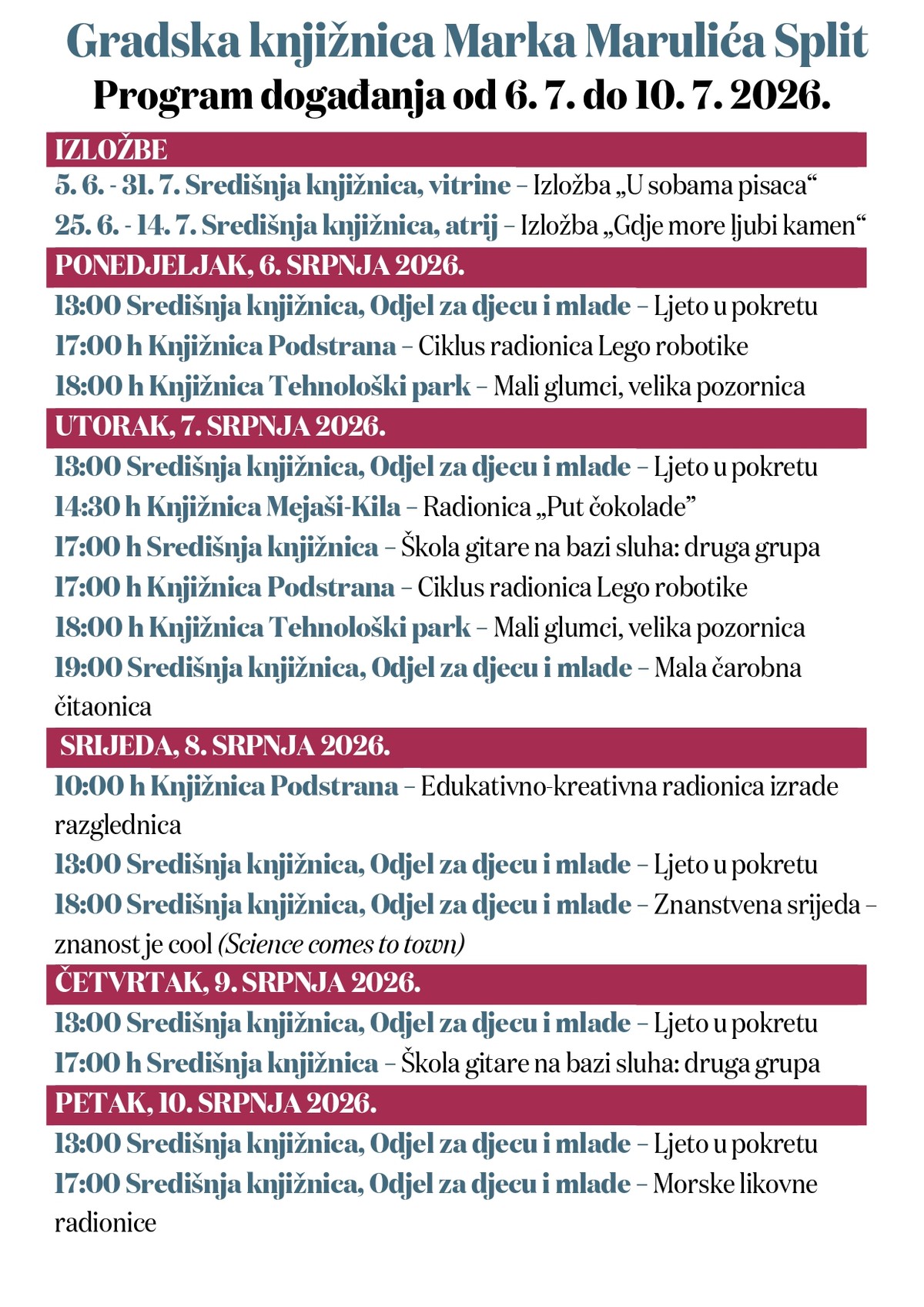Gradska knjižnica Marka Marulića Split pripremila bogat program za tjedan ispred nas