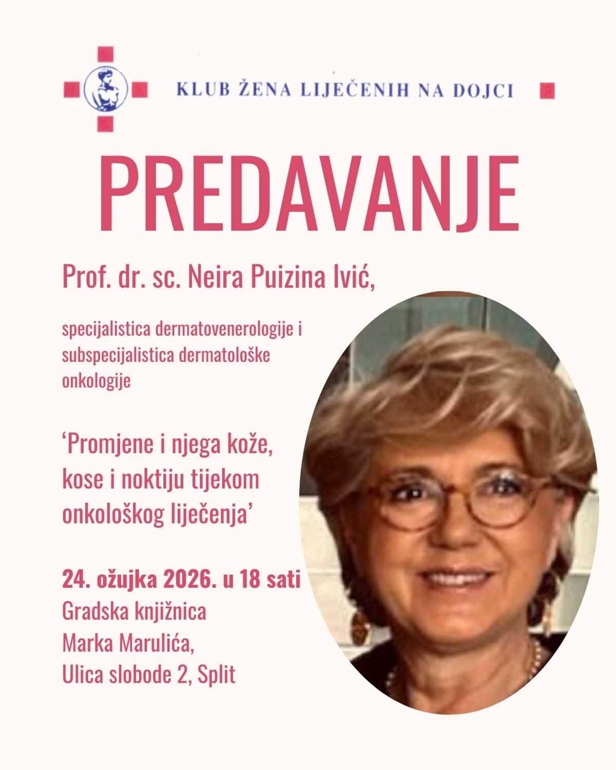 GKMM Klub žena liječenih na dojci organizira predavanje prof. dr. sc. Neire Puizina Ivić