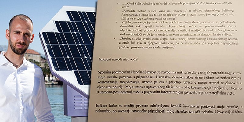 Izumitelj solarnog stupa za fotografiranje Luka Vuković reagirao na članke Dalmatinskog portala, pročitajte što je poručio njegov odvjetnik