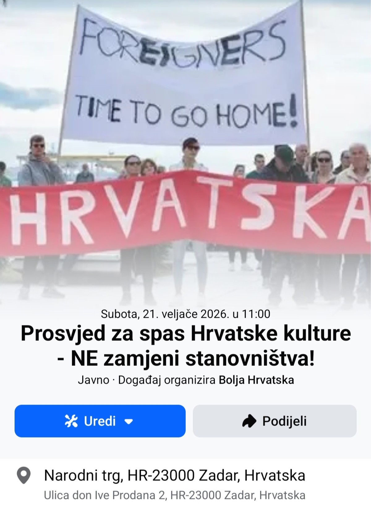 Odgoda prosvjeda 'Za spas hrvatske kulture - NE zamjeni stanovništva' u Zadru
