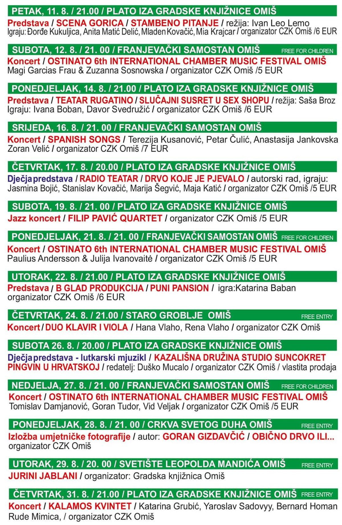 U SRIJEDU Svečano otvorenje 34. Omiškog kulturnog ljeta