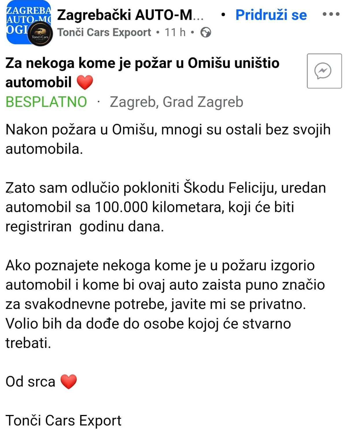 LIJEPA GESTA Nakon požara u Omišu, poklanja automobil obitelji kojoj je najpotrebniji
