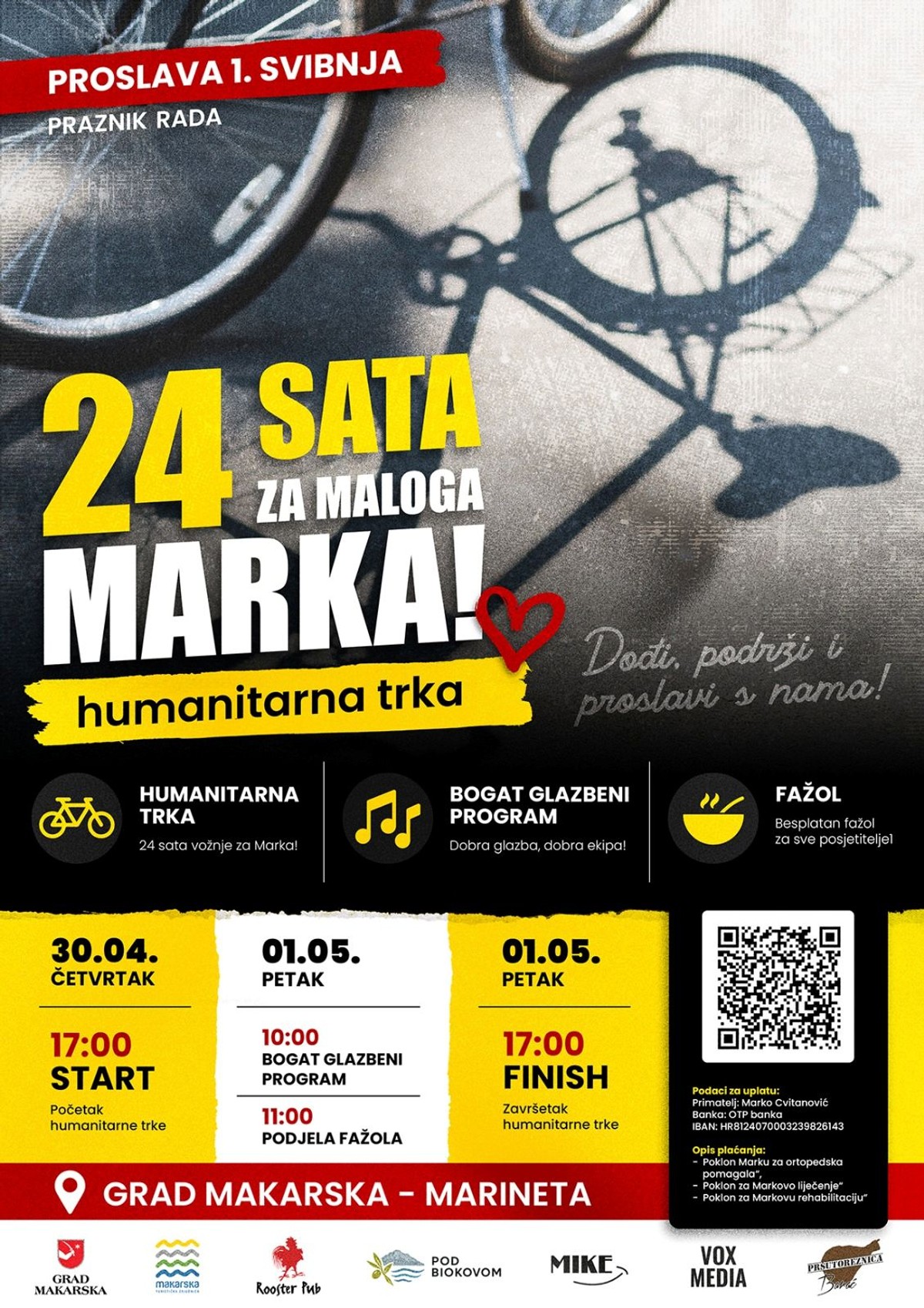 1. SVIBNJA U MAKARSKOJ: 24-satna biciklistička vožnja, humanitarna akcija za malog Marka i koncert Adija Šoše