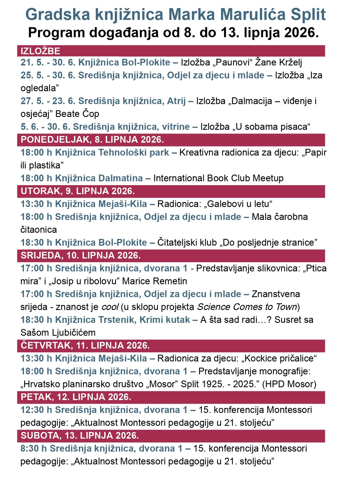 Gradska knjižnica Marka Marulića pripremila raznovrstan program za sljedeći tjedan