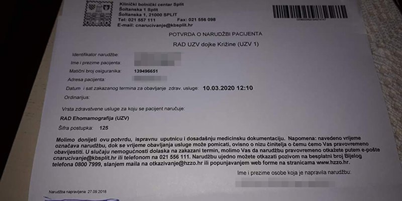 NAŽALOST, OVO U HRVATSKOJ NIJE VIJEST: Danas se u Splitu prijavila za ultrazvuk dojke, a doći će na red u ožujku 2020. godine