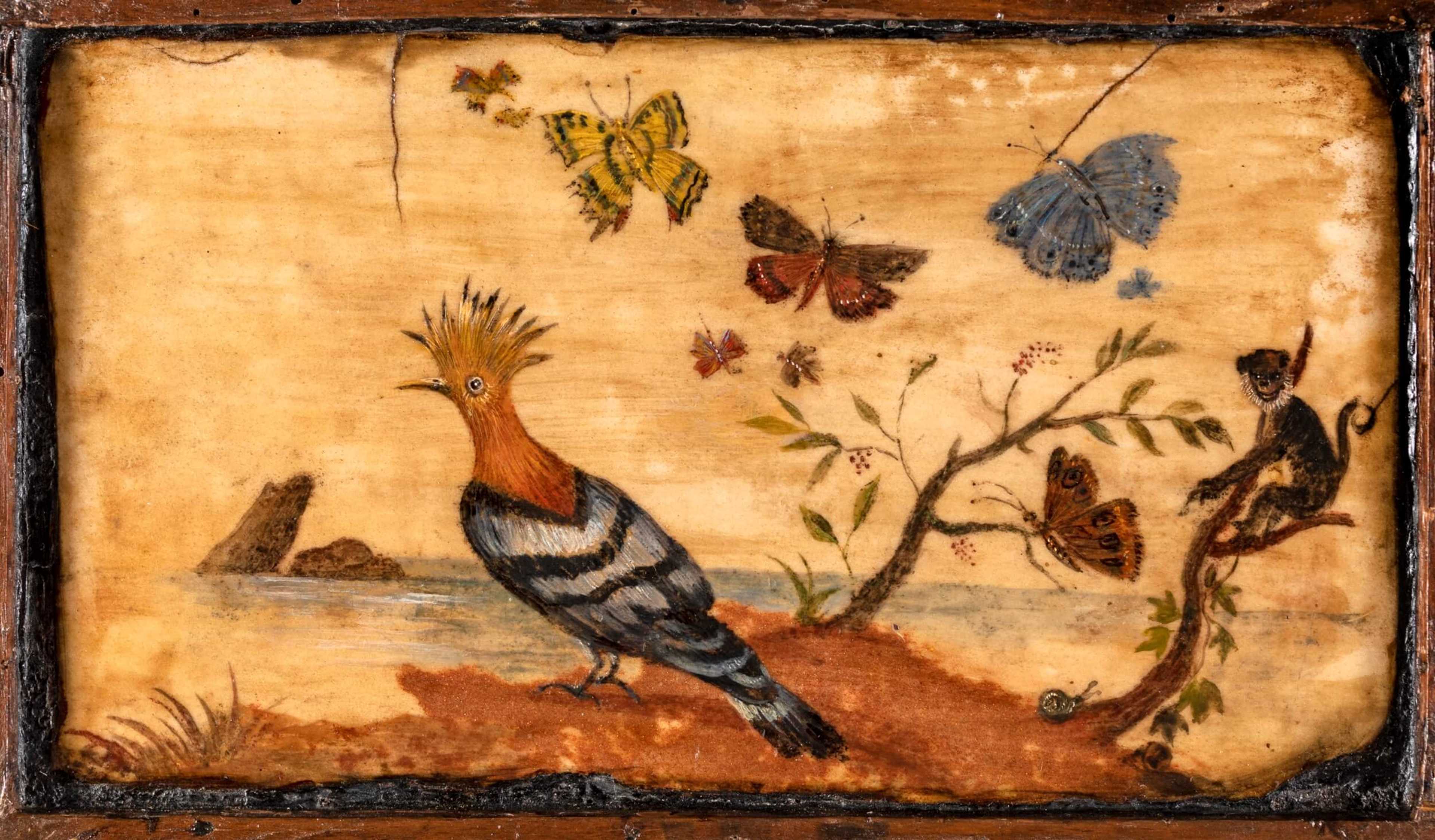 Still life and landscape with hoopoe, monkey and butterflies