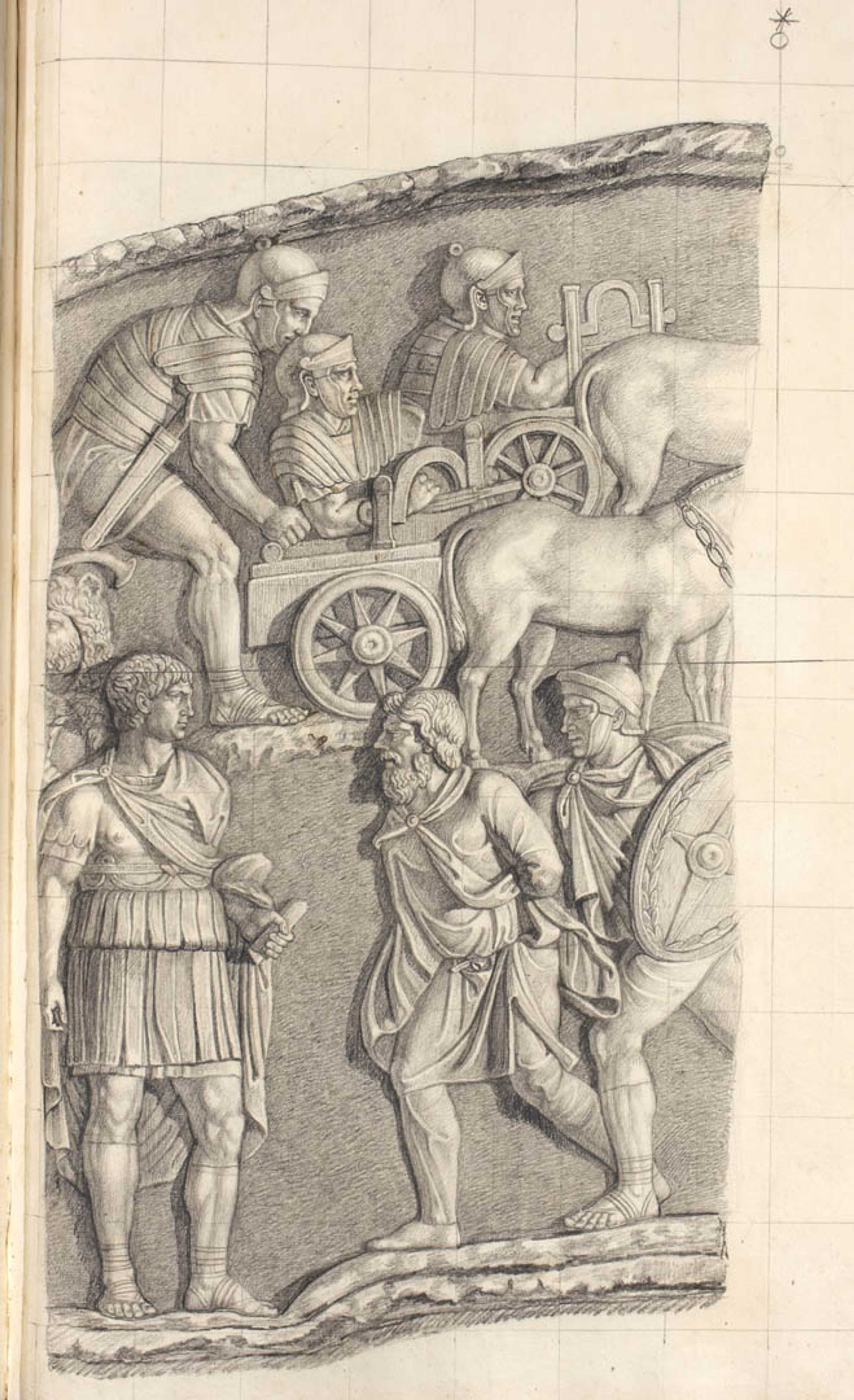 Traiano e un prigioniero; partenza dell'esercito per una battaglia