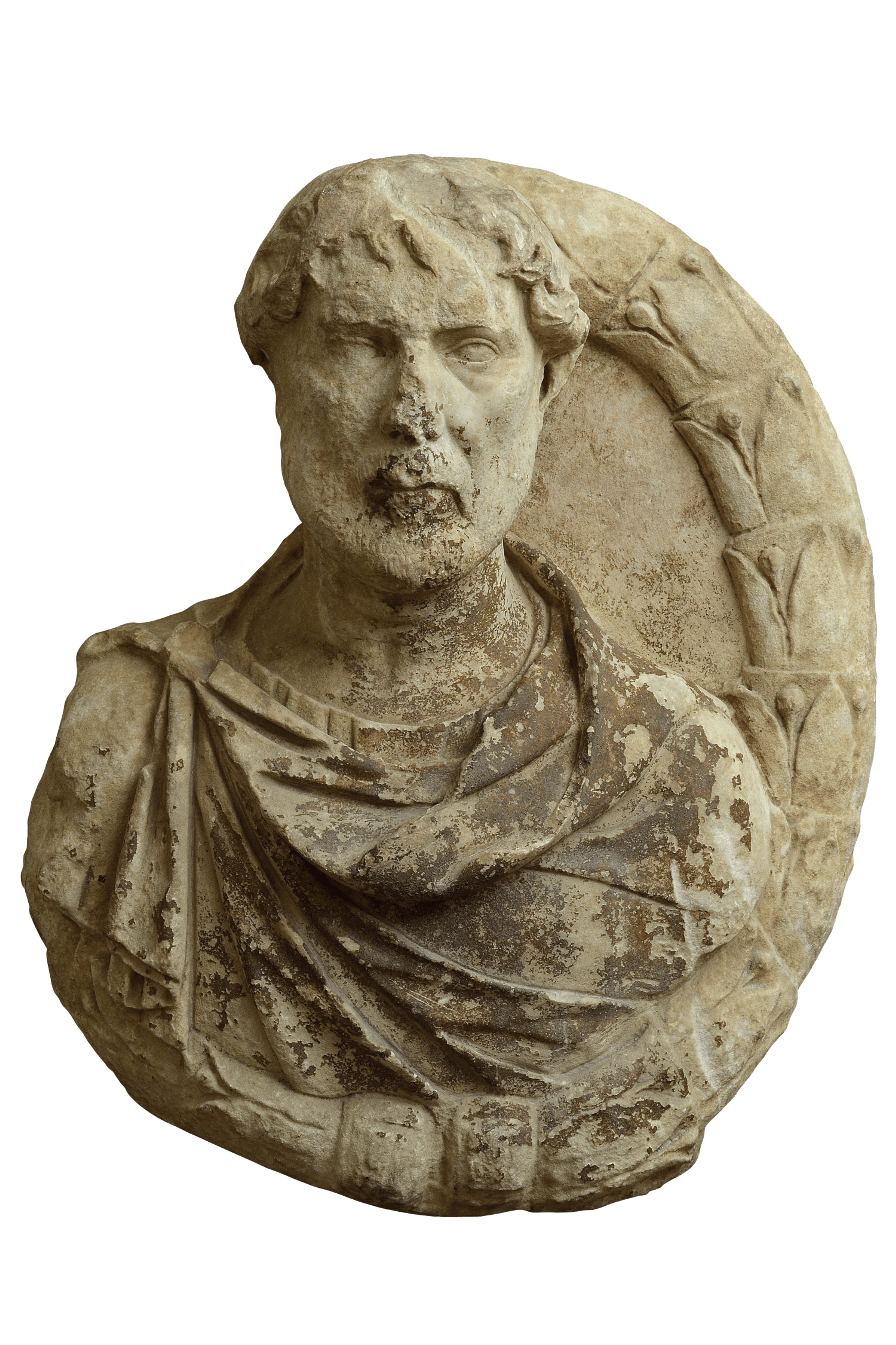 Male bust within laurel wreath