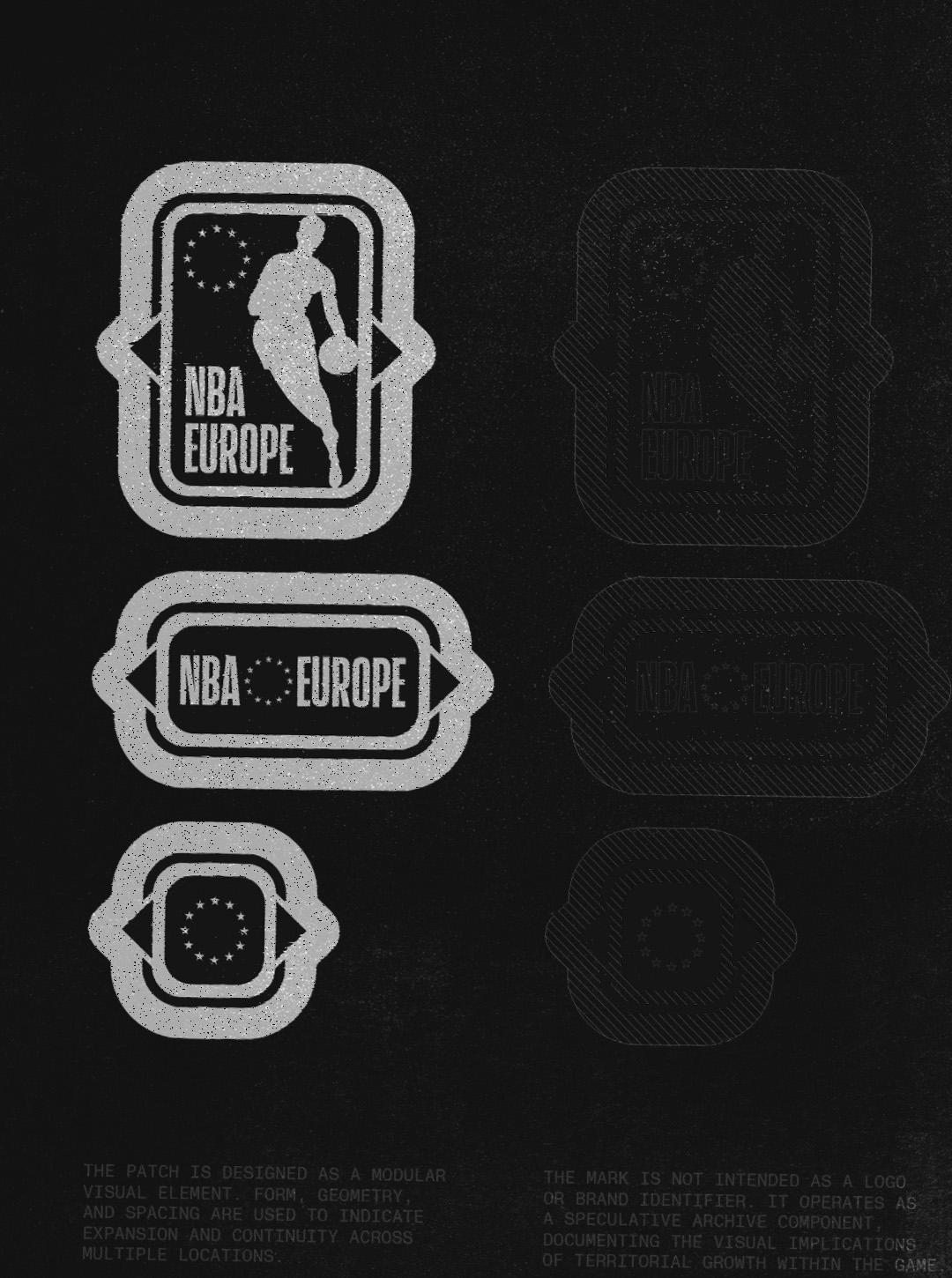 Black poster with NBA Europe patch designs in white and black.