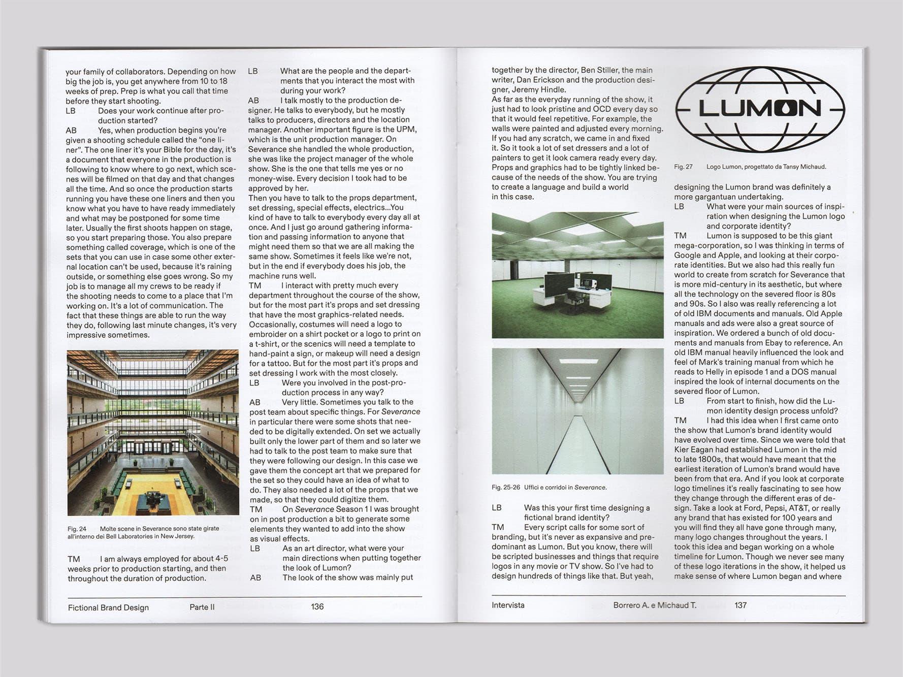 Open Fictional Brand Design book spread about the fictional Lumon brand with logo and interior photographs.