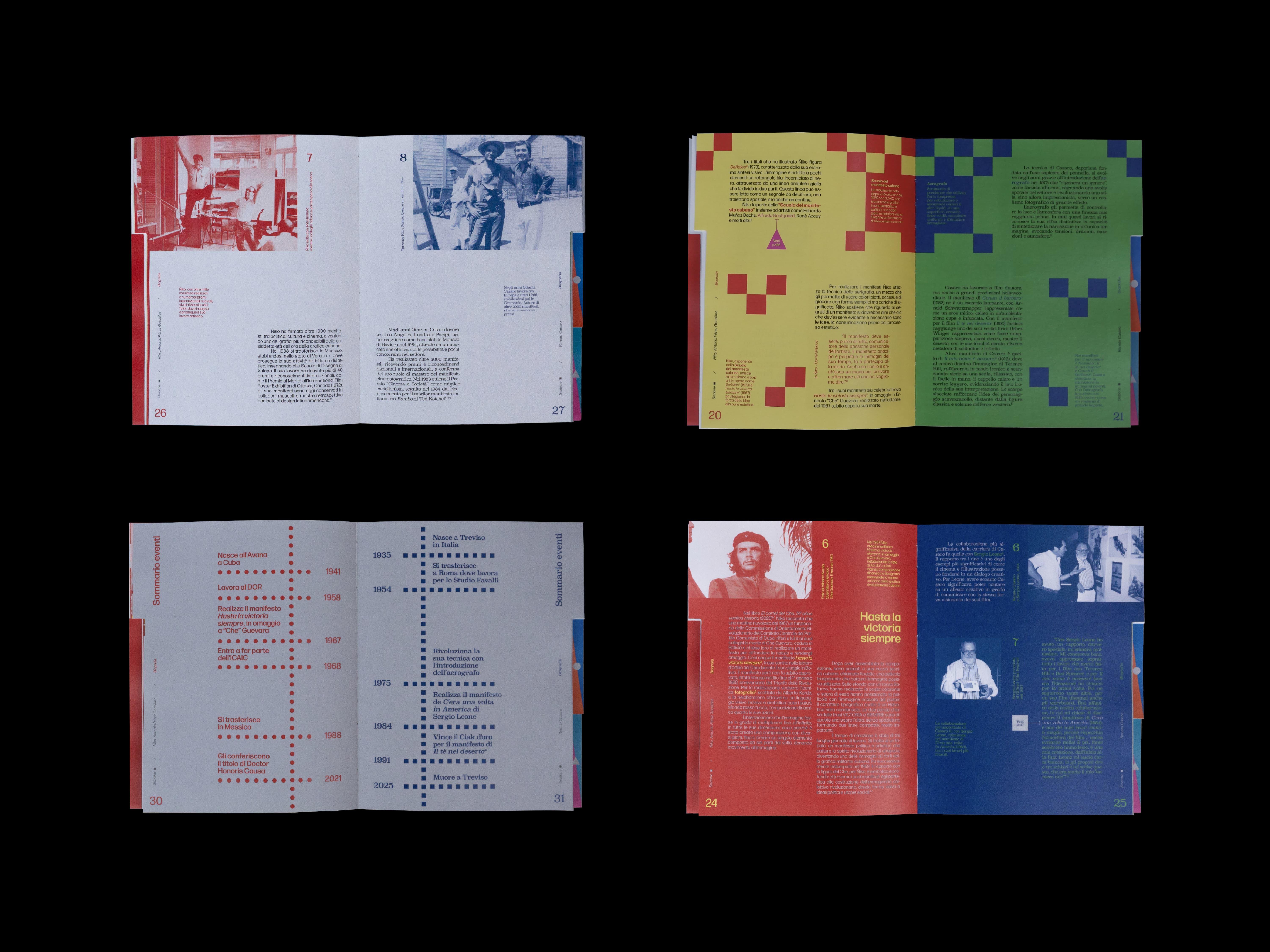 Four spreads on black with red and blue duotone photos, a dotted timeline and pixel-pattern pages in yellow and green.
