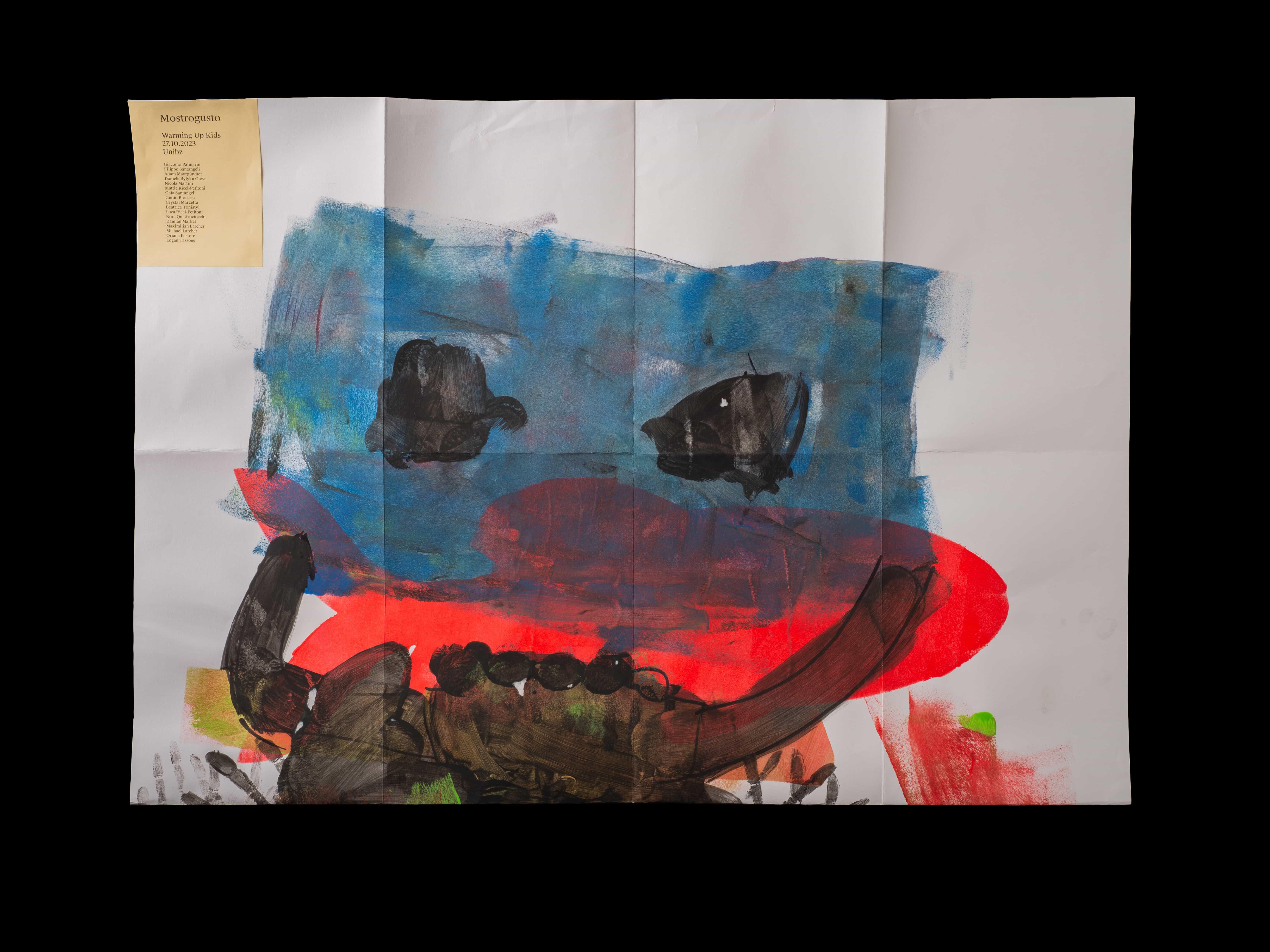Large folded sheet with blue, black and red painted shapes.