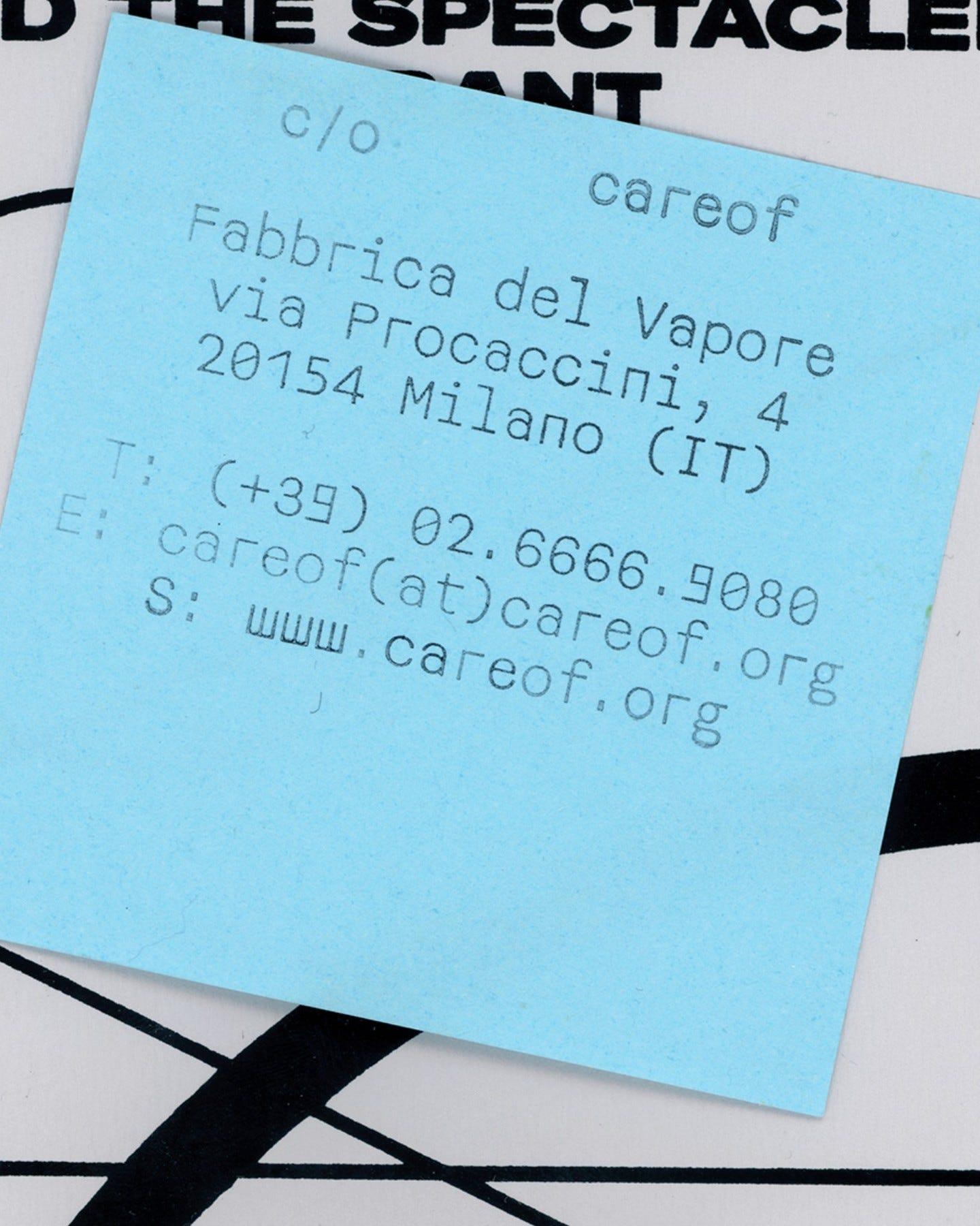 Blue Careof contact card on a black-and-white Hantarex Mono poster.