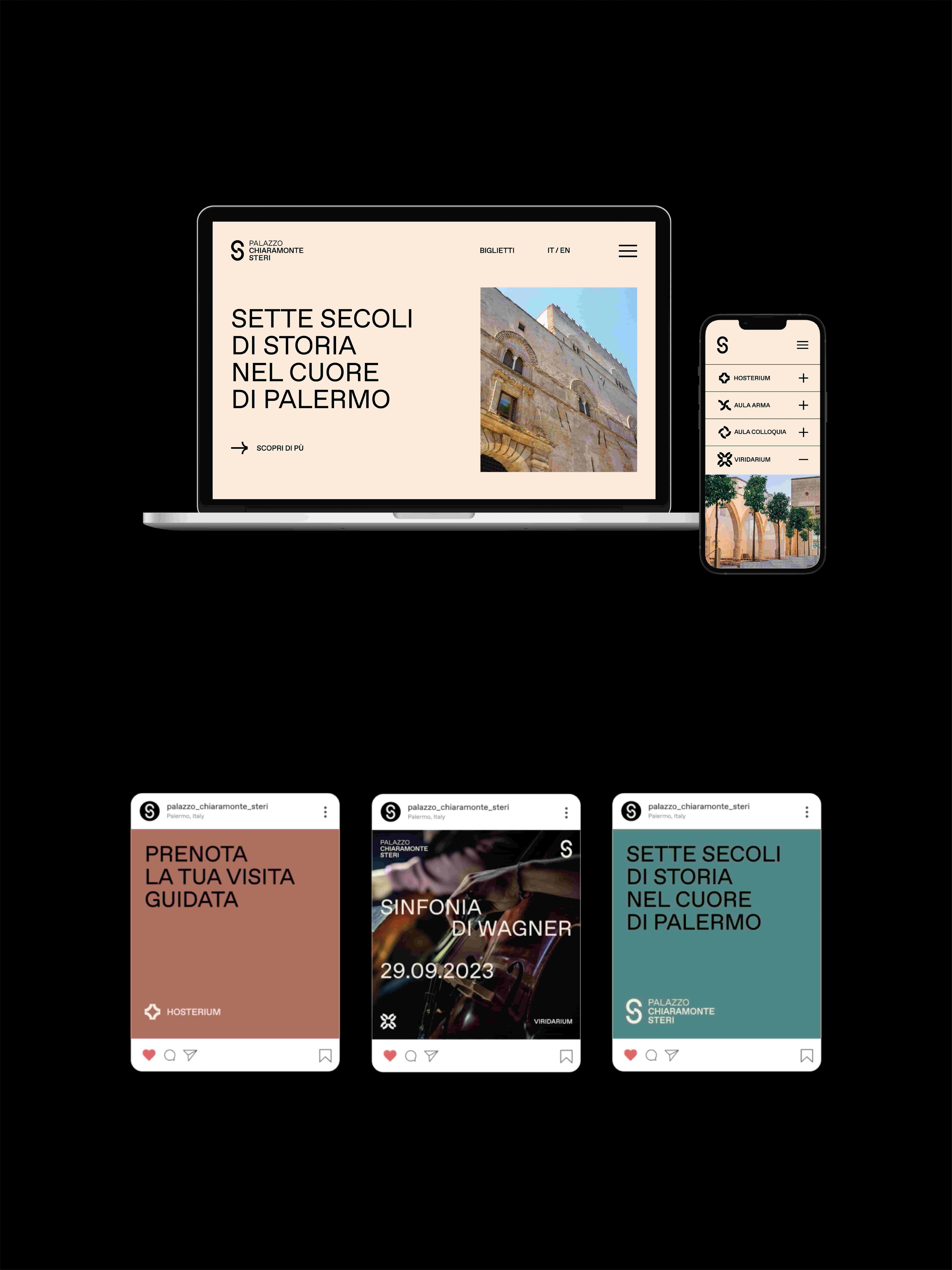 Palazzo Chiaramonte Steri project image showing identity and exhibition graphics for the historic Palermo building.