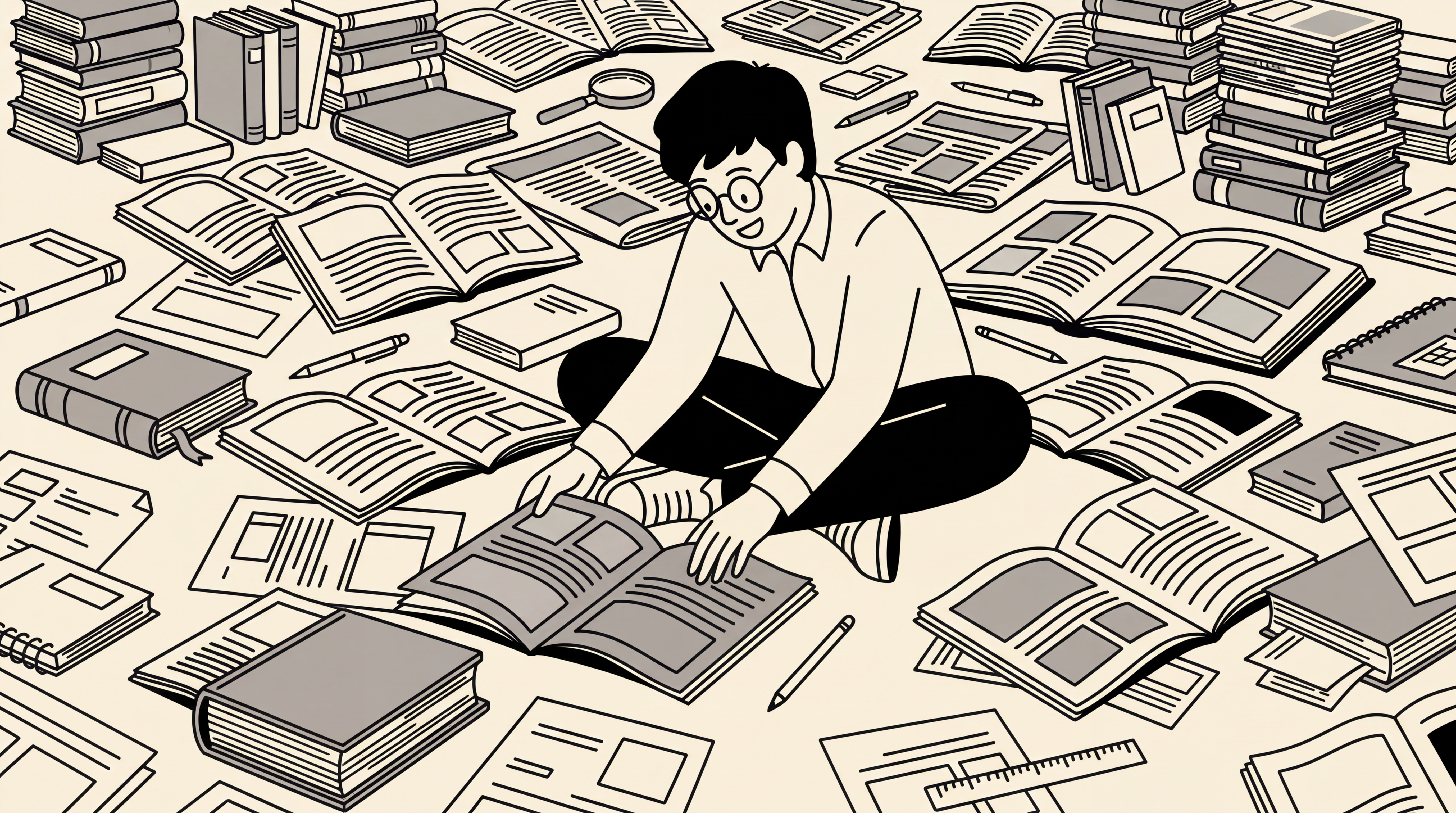 Illustration of a person reading among books and editorial layouts.