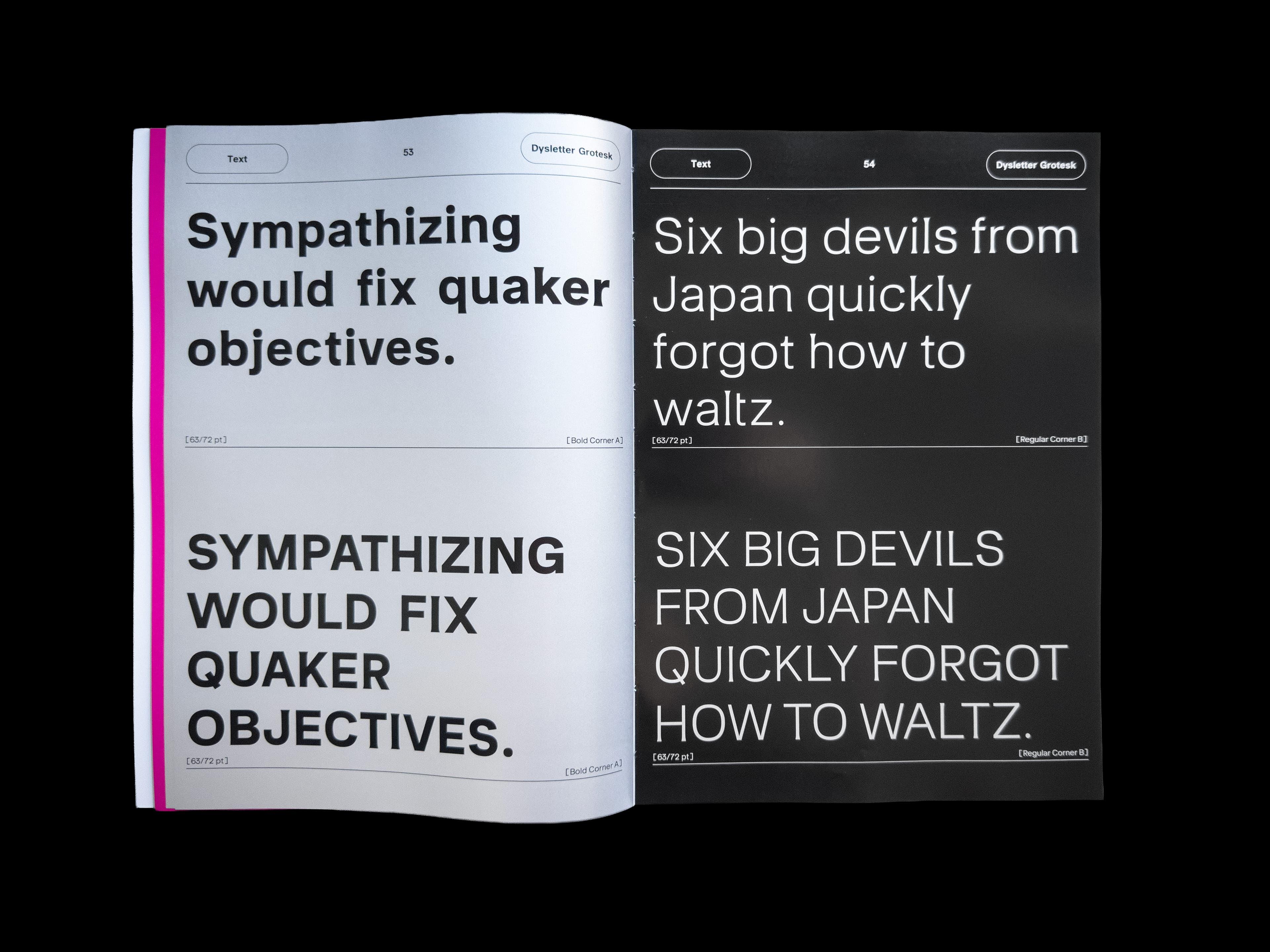 Open Dysletter Grotesk specimen book showing construction grids for letterforms.