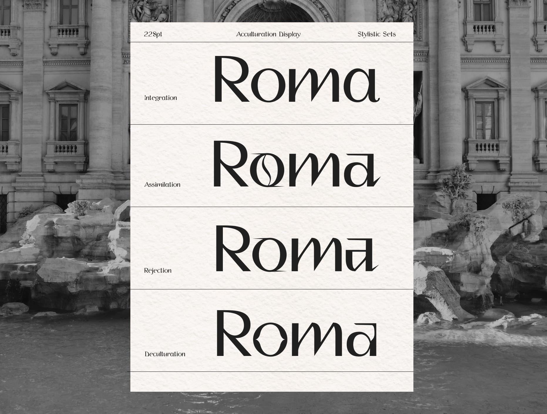 Acculturation Display poster showing four typographic treatments of “Roma” over a grayscale city fountain.