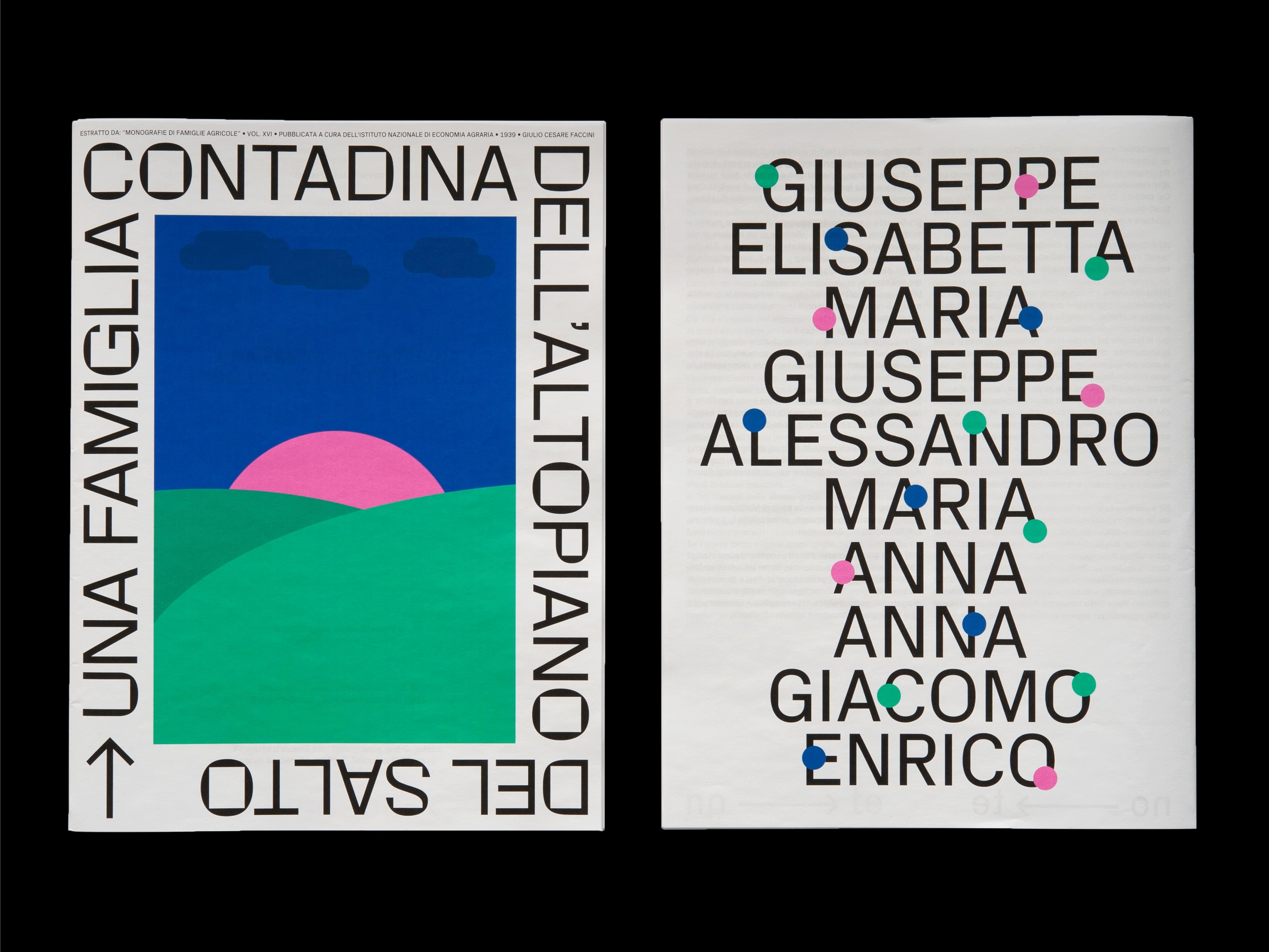 Two Una Famiglia Contadina book covers with names and geometric shapes.