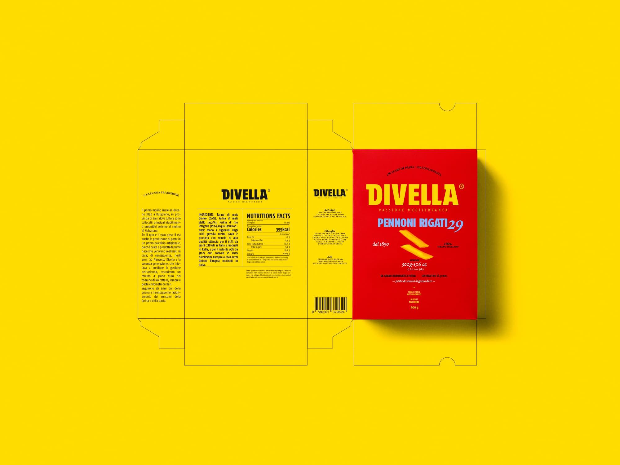 Divella pasta box dieline and finished red package displayed on a yellow background.